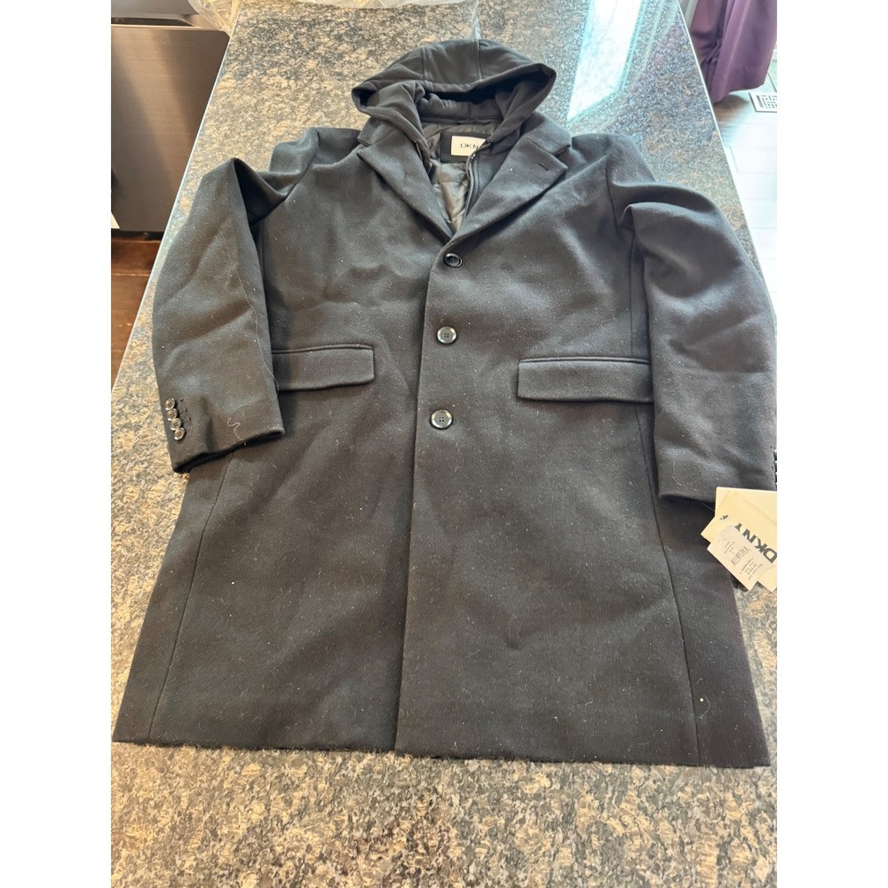 DKNY Mens Black Wool Blend Hooded Overcoat Car Coat DX484619 Size Large NEW